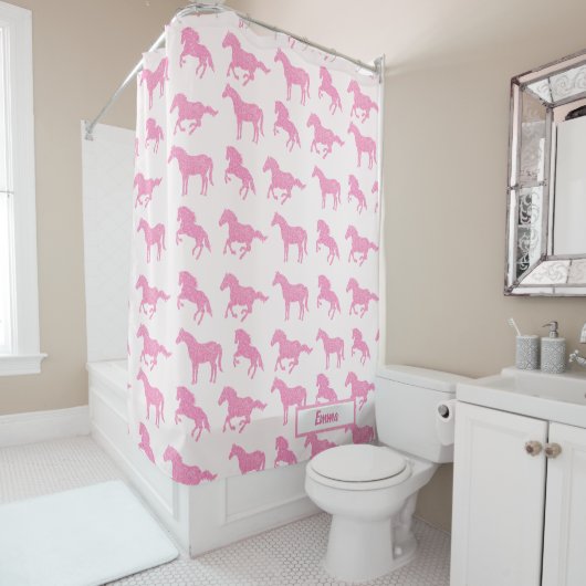 Roze Glitter Horse Pattern Little Girl Voornaam Douchegordijn (In situ)