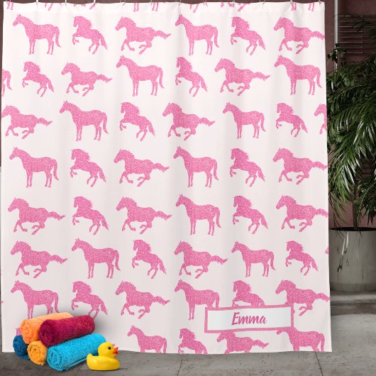 Roze Glitter Horse Pattern Little Girl Voornaam Douchegordijn
