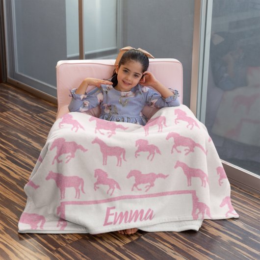 Roze Glitter Horse Pattern Little Girl Voornaam Fleece Deken