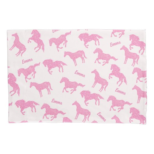 Roze Glitter Horse Pattern Little Girl Voornaam Kussensloop (Voorkant)