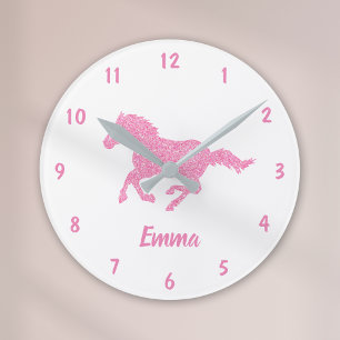 Roze Glitter Horse Pattern Little Girl Voornaam Ronde Klok