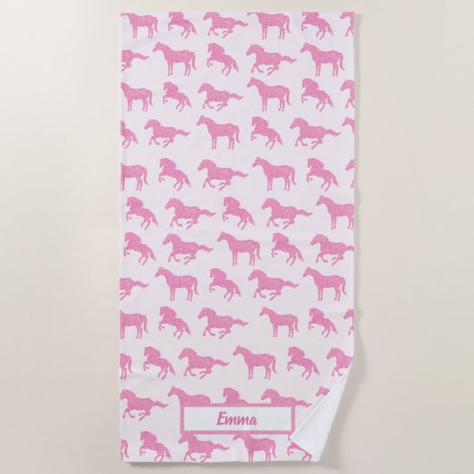 Roze Glitter Horse Pattern Little Girl Voornaam Strandlaken (Voorkant)