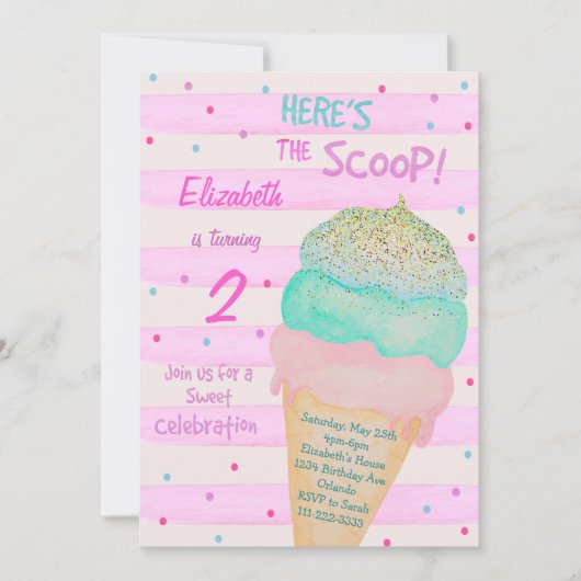 Roze Glitter Ice Cream Verjaardag uitnodiging (Voorkant)