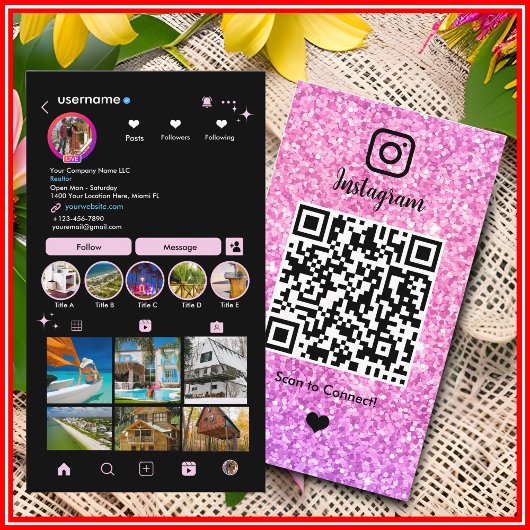 Roze Glitter Instagram LUXE QR-code Visitekaartje