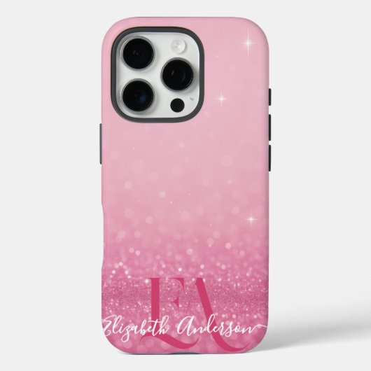 Roze Glitter iPhone Case met Initialen & Naam (Achterkant)