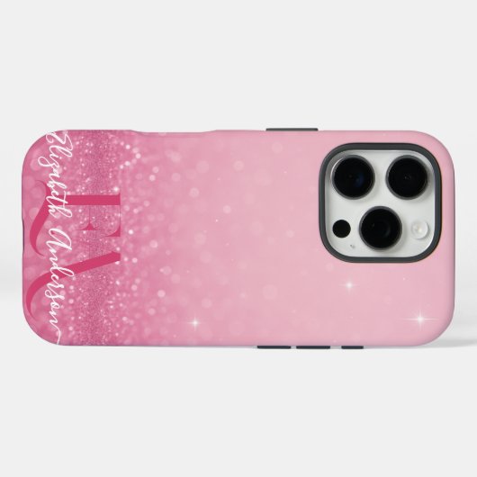 Roze Glitter iPhone Case met Initialen & Naam (Achterkant (horizontaal))