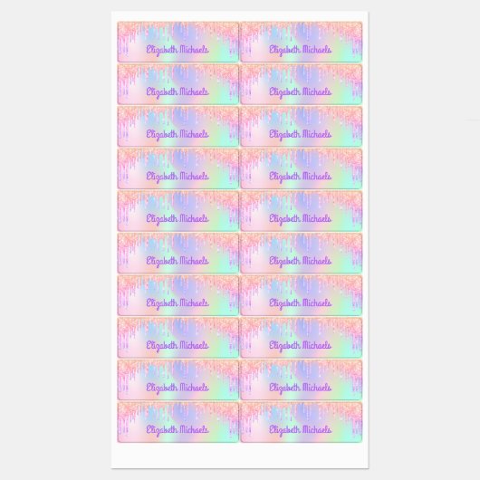 Roze glitter iridescent naam schoolbezittingen labels (Vel)
