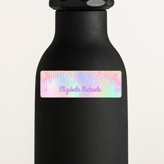 Roze glitter iridescent naam schoolbezittingen labels
