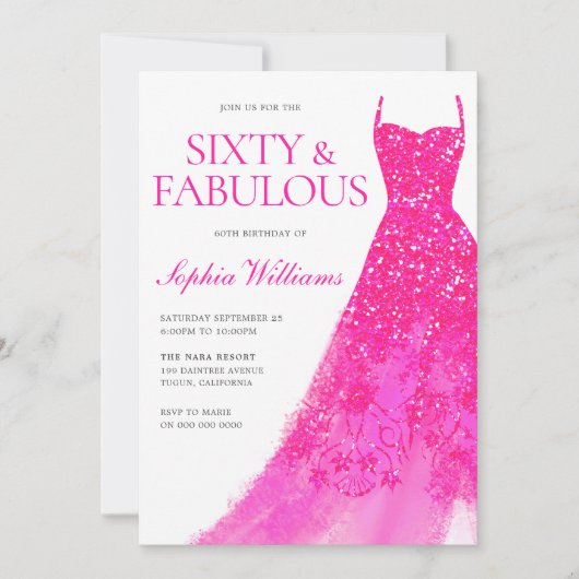 Roze Glitter Jurk 60ste Verjaardagsfeest Kaart (Voorkant)