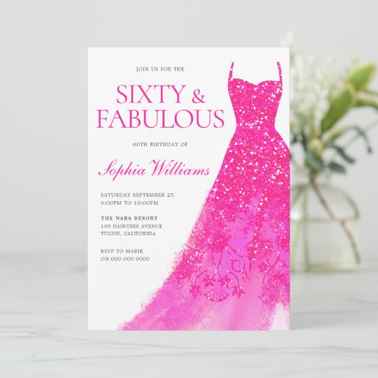 Roze Glitter Jurk 60ste Verjaardagsfeest Kaart (Staand voorkant)