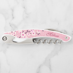 Roze Glitter Kersenbloesem Monogram Meisjesachtig Kurkentrekker