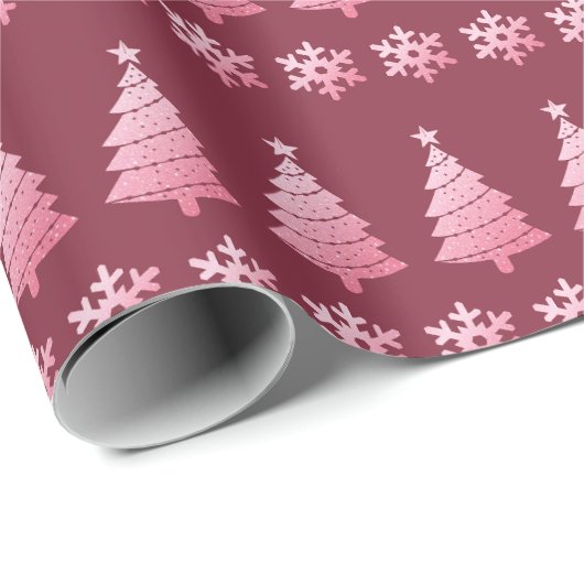 Roze Glitter Kerstbomen Sneeuwvlokken Cadeaupapier (Rol Hoek)