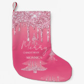 Roze glitter kerstboom kleine kerstsok (Voorkant)