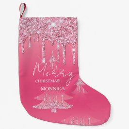 Roze glitter kerstboom kleine kerstsok