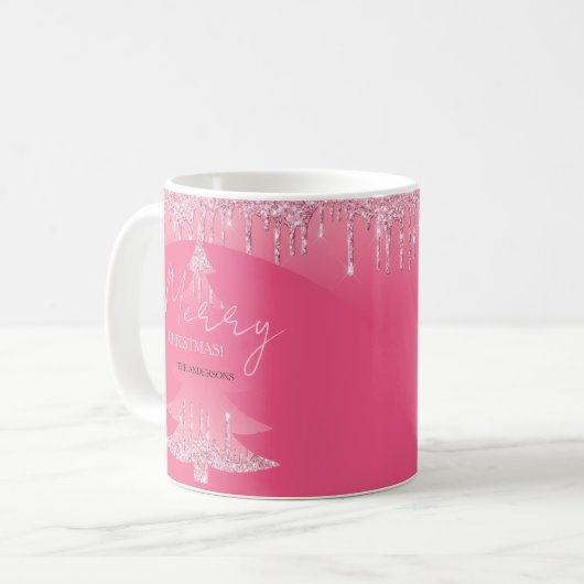 Roze glitter kerstboom koffiemok (Voorkant links)