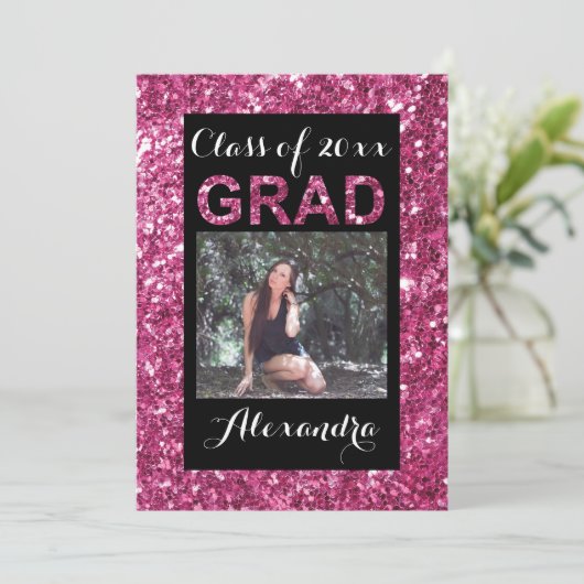 Roze Glitter-Kijk 1 Foto Afstuderen Kaart (Staand voorkant)