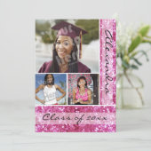 Roze Glitter-Kijk 3 Foto Afstuderen Kaart (Staand voorkant)