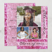 Roze Glitter-Kijk 3 Foto Afstuderen Kaart (Voorkant / Achterkant)