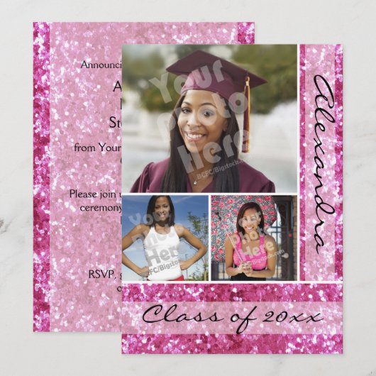 Roze Glitter-Kijk 3 Foto Afstuderen Kaart (Voorkant / Achterkant)