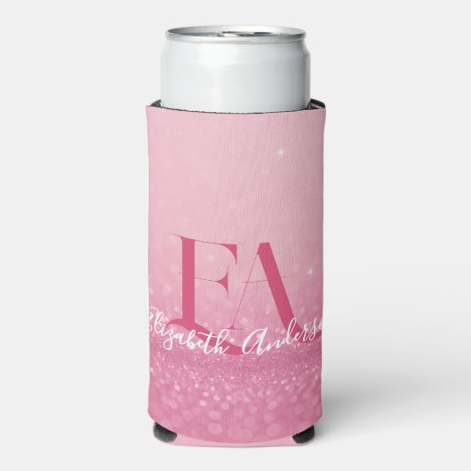 Roze Glitter Koeler met Aangepaste Initialen & Naa (Seltzer Voorkant)