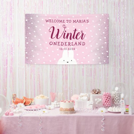 Roze Glitter Konijn Winter Onederland Spandoek (Feest)