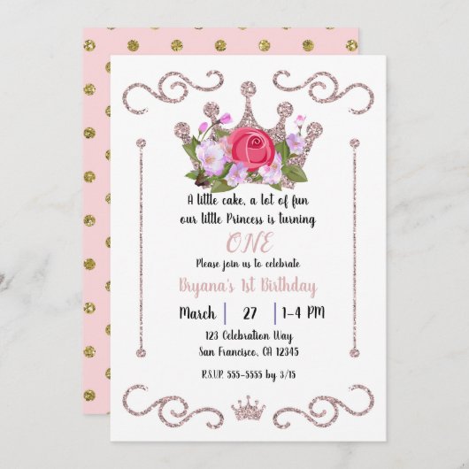 Roze Glitter Kroon Bloemen ONE 1e Verjaardagsfeest Kaart (Voorkant / Achterkant)