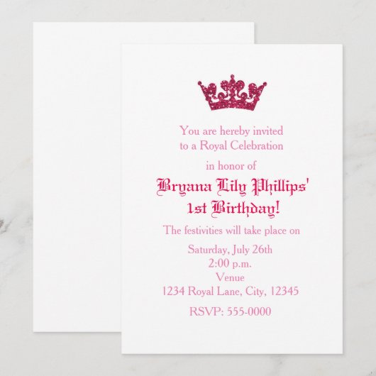 Roze Glitter Kroon Prinses Verjaardag Uitnodiging (Voorkant / Achterkant)