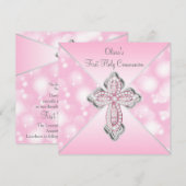 Roze Glitter Kruis Eerste Heilige Communie Kaart (Voorkant / Achterkant)