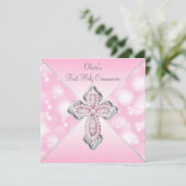 Roze Glitter Kruis Eerste Heilige Communie Kaart (Staand voorkant)