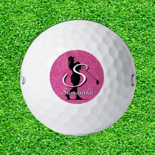 Roze Glitter Lady Golfer Monogram Golfballen