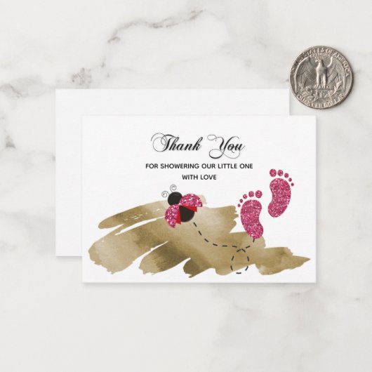 Roze Glitter Ladybug Bedankt Notitiekaartje (Voorkant / Achterkant in situ)