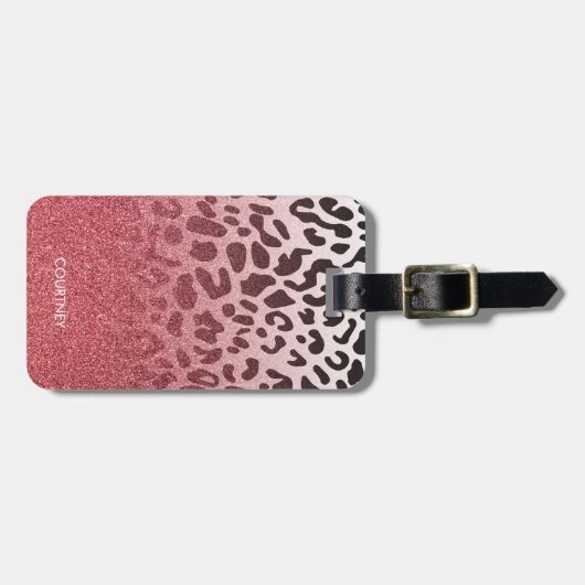 Roze Glitter Leopard Huid Bagagelabel (Voorkant horizontaal)