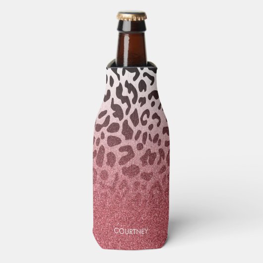 Roze Glitter Leopard Huid Flesjeskoeler (Fles Voorkant)