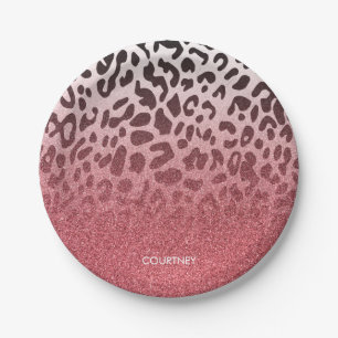 Roze Glitter Leopard Huid Papieren Bordje