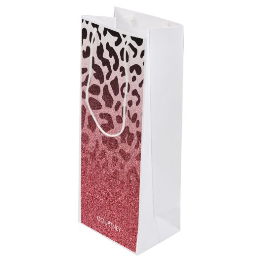 Roze Glitter Leopard Huid Wijn Cadeautas (Voorkant Gekanteld)