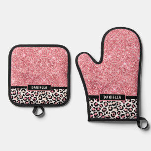 Roze Glitter Leopard Print Shimmer Aangepast Ovenwant & Pannenlap Set