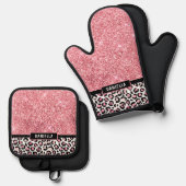 Roze Glitter Leopard Print Shimmer Aangepast Ovenwant & Pannenlap Set (Voorkant / Achterkant)