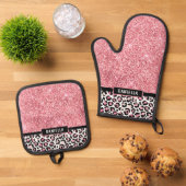 Roze Glitter Leopard Print Shimmer Aangepast Ovenwant & Pannenlap Set (Top down)