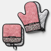 Roze Glitter Leopard Print Shimmer Aangepast Ovenwant & Pannenlap Set (Voorkant / Achterkant)