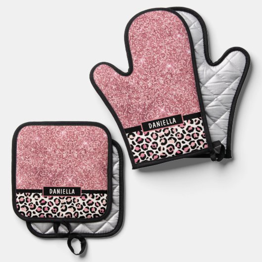 Roze Glitter Leopard Print Shimmer Aangepast Ovenwant & Pannenlap Set (Voorkant / Achterkant)