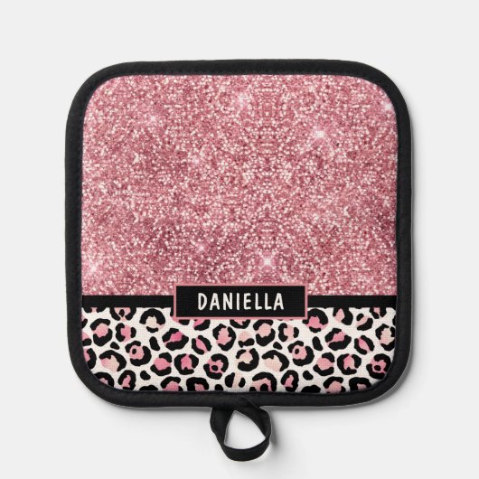 Roze Glitter Leopard Print Shimmer Aangepast Pannenlap (Voorkant)