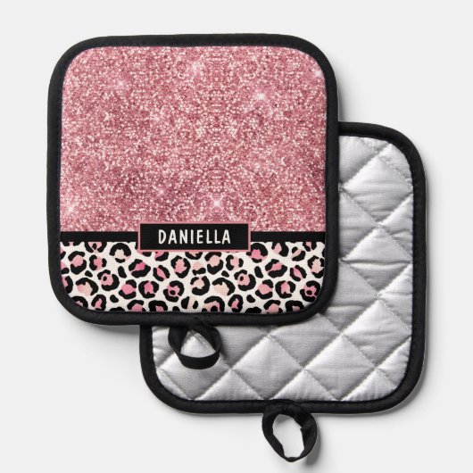 Roze Glitter Leopard Print Shimmer Aangepast Pannenlap (Voorkant / Achterkant)