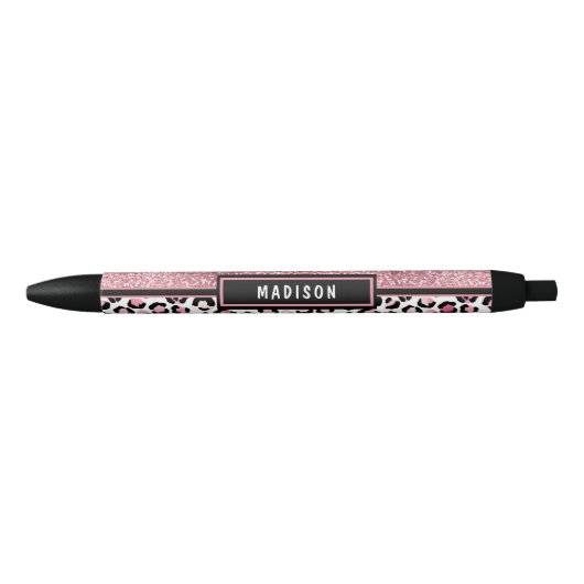 Roze Glitter Leopard Print Shimmer Aangepaste naam Zwarte Inkt Pen (Voorkant)