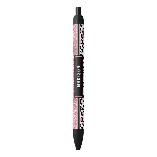 Roze Glitter Leopard Print Shimmer Aangepaste naam Zwarte Inkt Pen (Voorkant Verticaal)