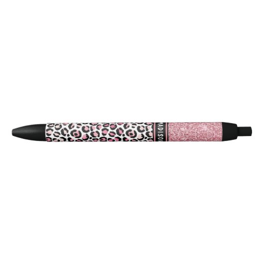 Roze Glitter Leopard Print Shimmer Aangepaste naam Zwarte Inkt Pen (Voorkant)