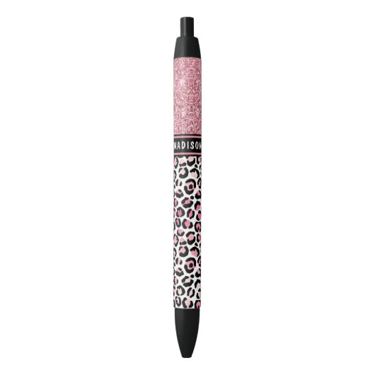 Roze Glitter Leopard Print Shimmer Aangepaste naam Zwarte Inkt Pen (Voorkant Verticaal)