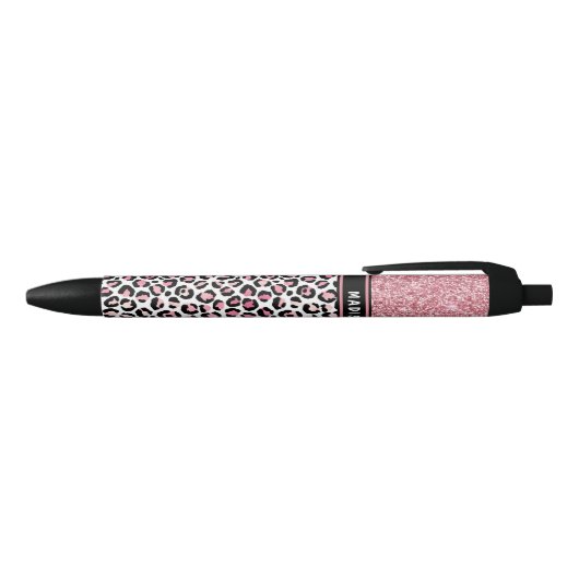 Roze Glitter Leopard Print Shimmer Aangepaste naam Zwarte Inkt Pen (Bovenkant)