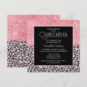 Roze Glitter Leopard Print Shimmer Quinceañera Kaart