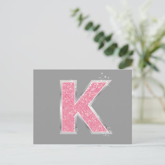Roze Glitter letter K Briefkaart (Staand voorkant)