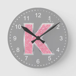 Roze Glitter letter K Ronde Klok
